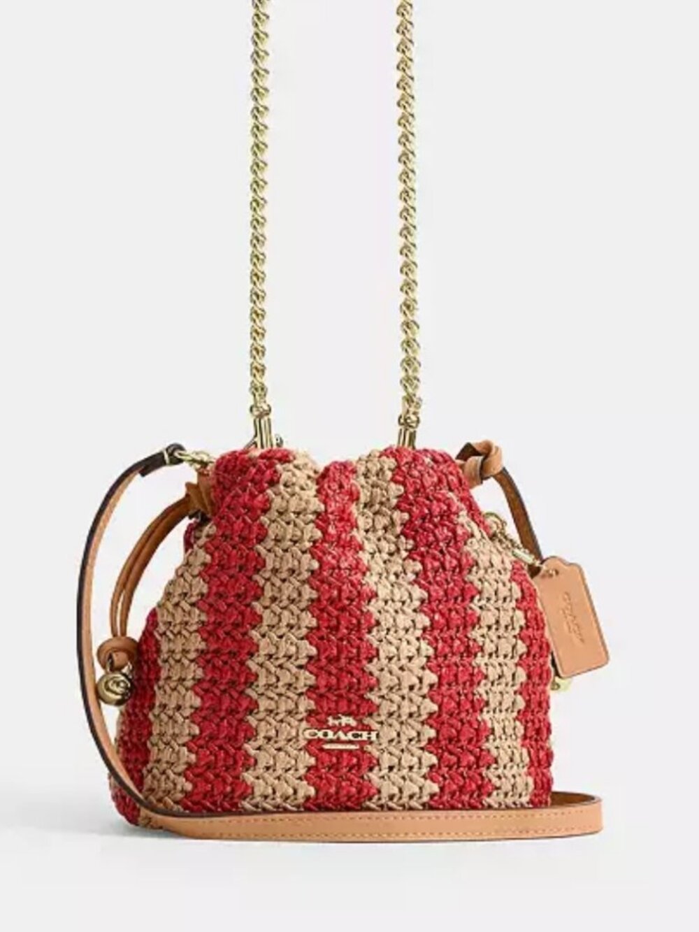 COACH faye mini drawstring bag with stripes. gold/red/tan. item # cen17.
